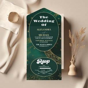 Invitation Tout En Un Vert Émeraude Or Céleste Mariage