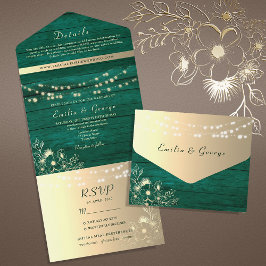 Invitation Tout En Un Vert émeraude Or Rustique Photo Mariage