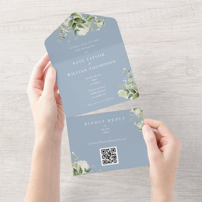 Invitation Tout En Un Vert Floral QR Code Dusty Blue Mariage (Déchirure)