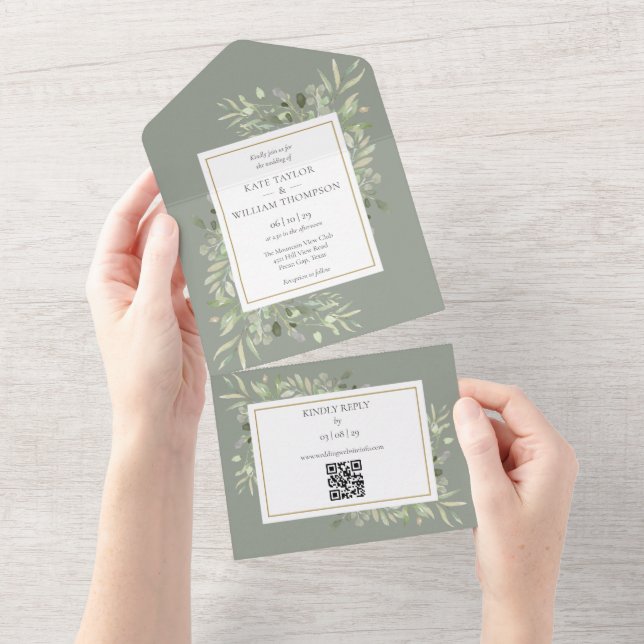 Invitation Tout En Un Vert Floral QR Code Sage Vert Mariage (Déchirure)