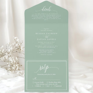 Invitation Tout En Un Vert Menthe Poussiéreux Simple Moderne Script