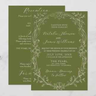 Invitation Tout en Un Vert Olive Floral Ancien Argent Mariage