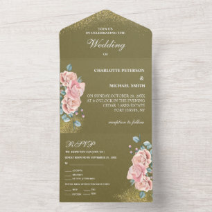 Invitation Tout En Un Vert Olivier Et Mariage Floral Rose