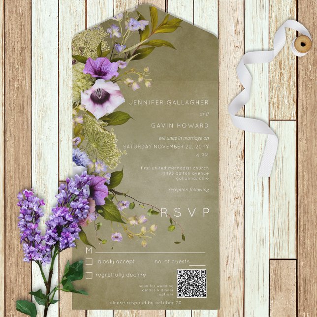 Invitation Tout En Un Vert & Purple Floral Moderne Tout en un (Créateur téléchargé)
