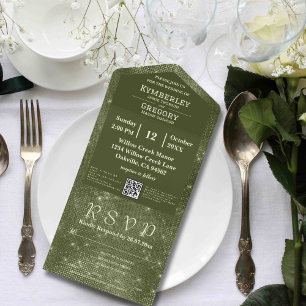 Invitation Tout En Un Vert sauge olive scintillant Fausse toile de jute 