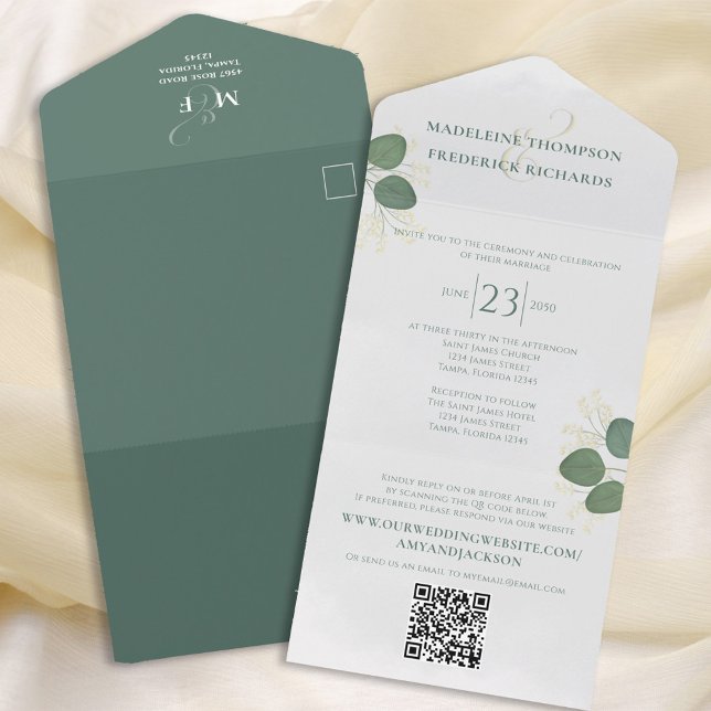 Invitation Tout En Un Vert simple moderne | QR Code RSVP (Créateur téléchargé)