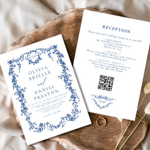 Invitation Tout en un Victorian Bleu Français Code QR Mariage