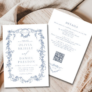 Invitation Tout en un Victorian Dusty Blue QR Code Mariage