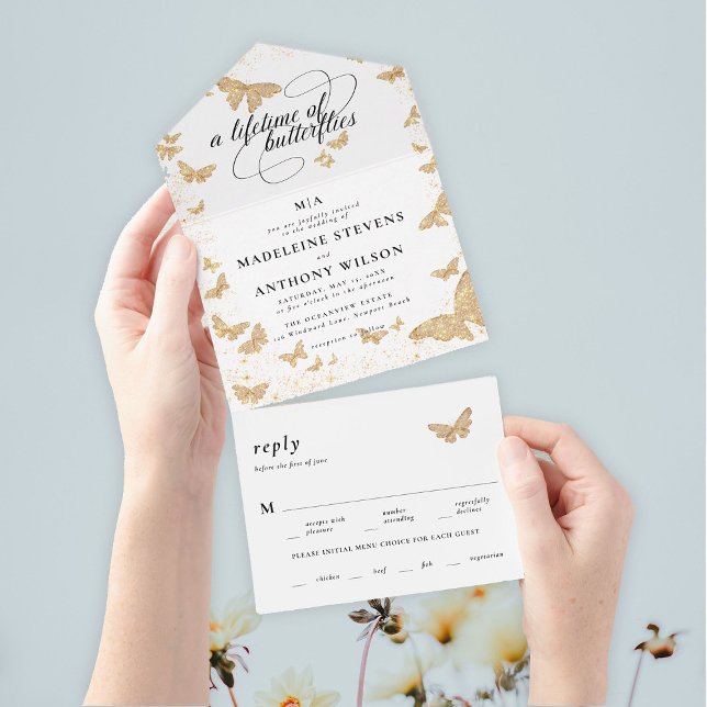 Invitation Tout En Un Vie des papillons Élégant Mariage romantique (a lifetime of butterflies theme modern romantic elegant minimalist all in one trifold garden wedding)