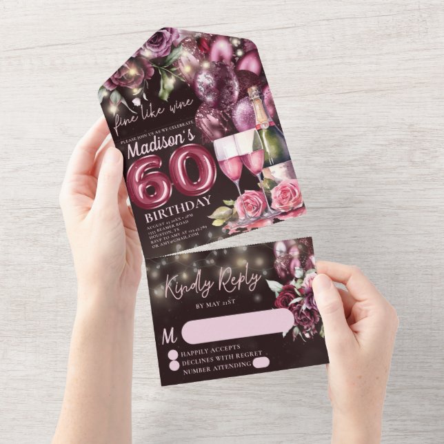 Invitation Tout En Un Vin de luxe 60e anniversaire Rsvp (Déchirure)