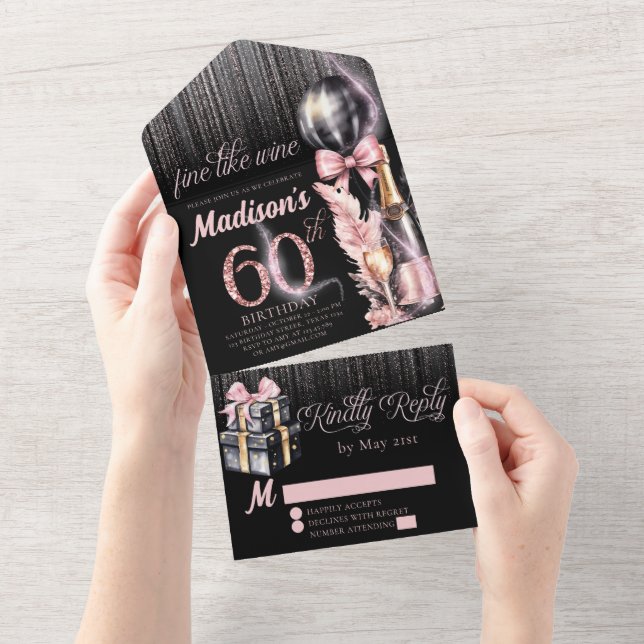 Invitation Tout En Un Vin Rose de luxe Adulte 60e anniversaire (Déchirure)