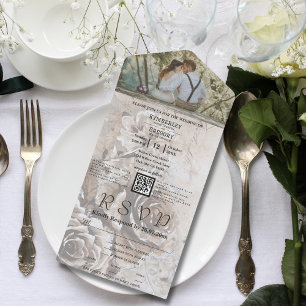 Invitation Tout En Un Vintage Brown crème Roses Floral QR Code photo