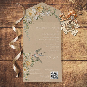 Invitation Tout En Un Vintage Floral Bird Tan QR Code