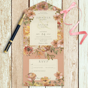Invitation Tout En Un Vintage Floral Rose et rouille Pas de dîner