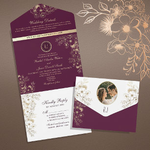 Invitation Tout En Un Vintage Floral violet Mariage de monogramme