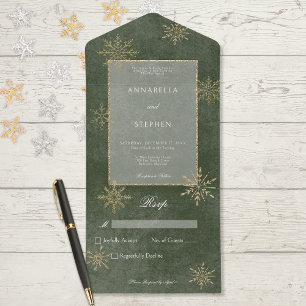 Invitation Tout En Un Vintage Green & Gold Parties scintillant Snowflake