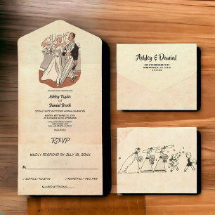Invitation Tout En Un Vintage Retro Old Style Couple Comic Mariage de li