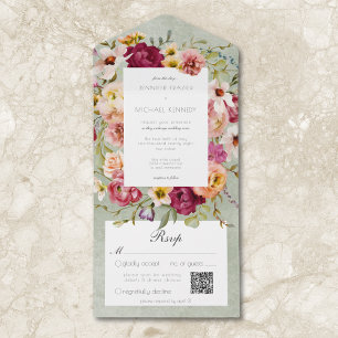 Invitation Tout En Un Vintage rose jaune Floral Sage Mariage QR