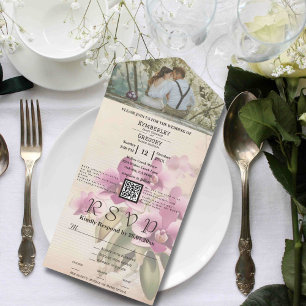Invitation Tout En Un Vintage Style violet orchidée Floral QR Code Photo