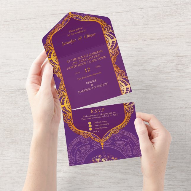 Invitation Tout En Un Violet avec Mandalas d'or (Déchirure)