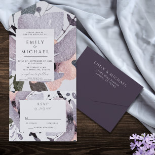Invitation Tout En Un Violet Gras Plum Mauve Floral Abstrait Tout en un