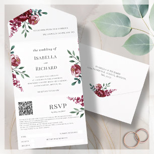 Invitation Tout En Un Violet   Marsala Rouge Floral   QR Code RSVP