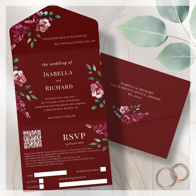 Invitation Tout En Un Violet | Marsala Rouge Floral | QR Code RSVP (Créateur téléchargé)