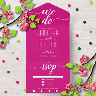 Invitation Tout En Un "We do" magenta rose script mariage de calligraphi