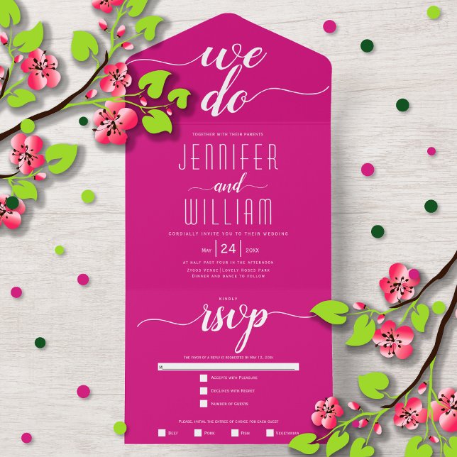 Invitation Tout En Un "We do" magenta rose script mariage de calligraphi (Créateur téléchargé)