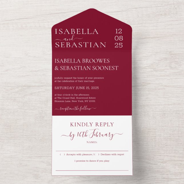 Invitation Tout En Un Wedding Formal Burgundy Kindly Reply invite (À l'intérieur)