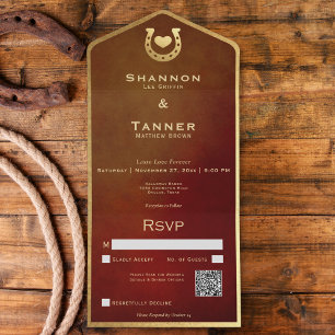 Invitation Tout En Un Western Horseshoe & Heart Burgundy & Gold QR Code