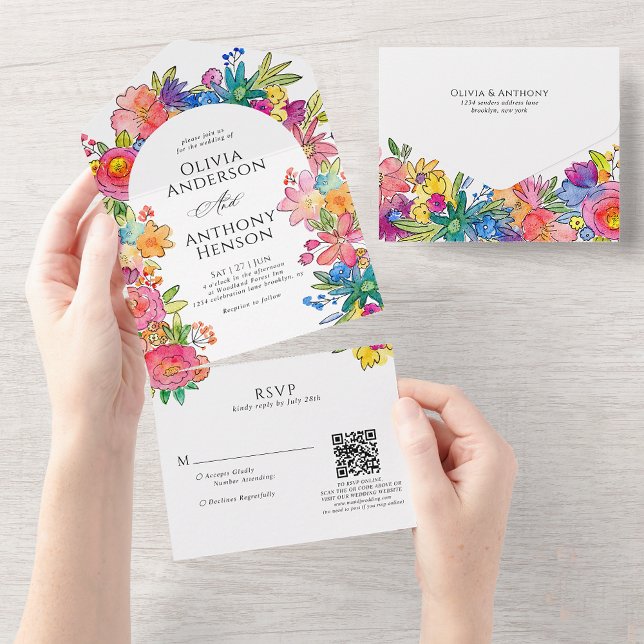 Invitation Tout En Un Whimsy Bold Floral Aquarelle QR Code Mariage (Créateur téléchargé)