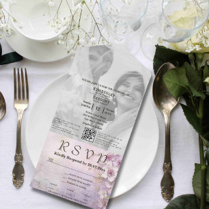 Invitation Tout En Un White Cherry Blossom Mauve Photo QR Code Site Web