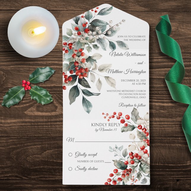 Invitation Tout En Un Winter Holly Berry (Also available with QR code)