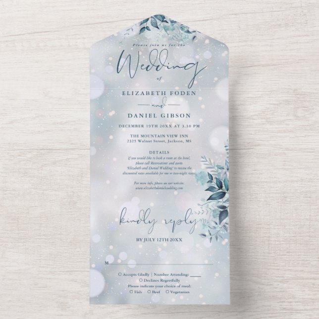 Invitation Tout En Un Winter Snowflakes Floral Détails RSVP Mariage (À l'intérieur)