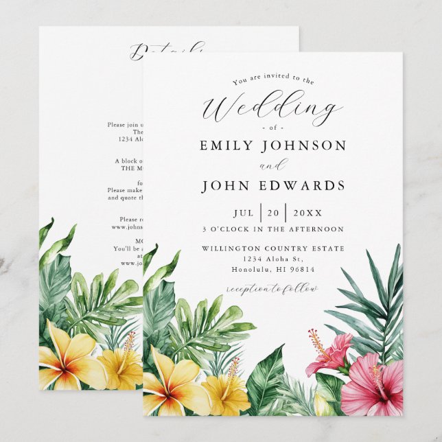 Invitation Tout en une aquarelle Mariage de fleurs tropicales (Devant / Derrière)