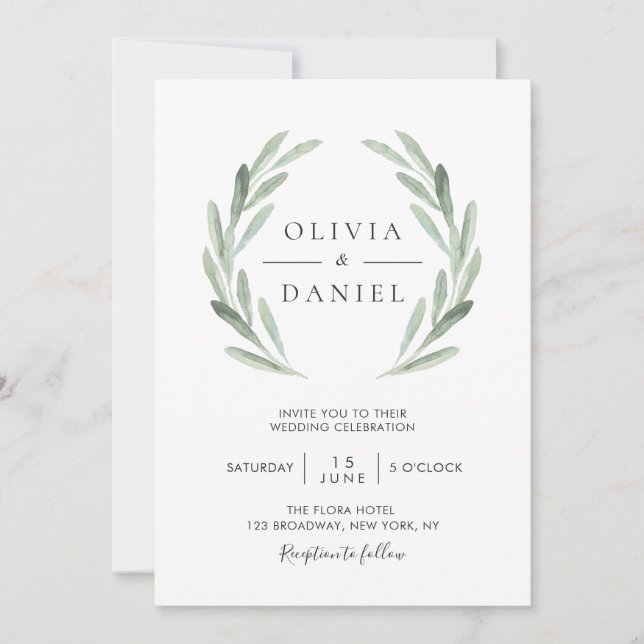 Invitation Tout en une aquarelle Mariage de la feuille d'oliv (Devant)