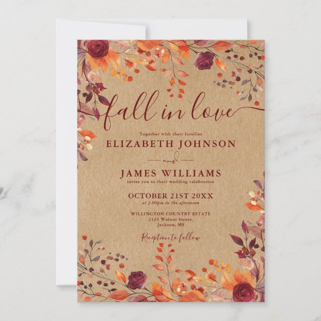 Invitation Tout En Une Chute Rustique En Amour Floral Mariage (Devant)