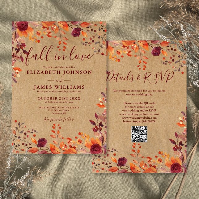Invitation Tout en une chute rustique en amour QR Code Mariag (All In One Rustic Fall In Love QR Code Wedding Invitation)