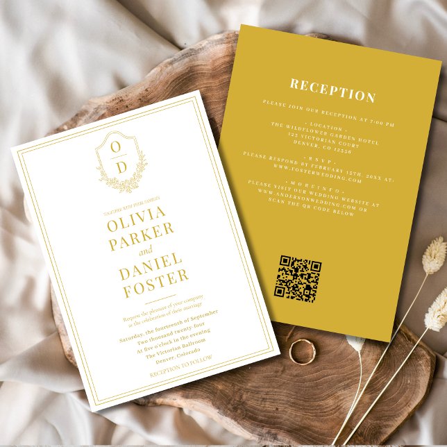 Invitation Tout en une Crest Champagne Gold QR Code Mariage (Créateur téléchargé)