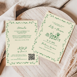 Invitation Tout en une main verte dessinée Mariage de code QR