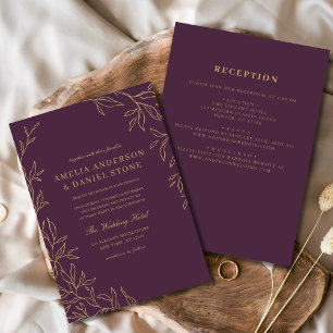 Invitation Tout en une Plum violet or minimal Mariage feuille