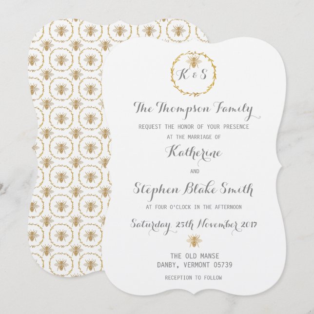 Invitation Tout épouser d'or d'abeilles de feuille d'or de (Devant / Derrière)