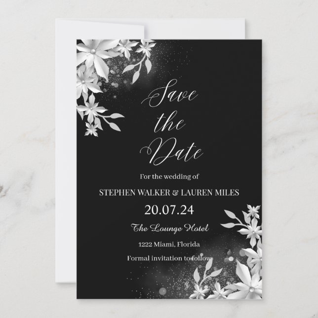 Invitation Tout Floral Noir Enregistrer Le Mariage Date (Devant)