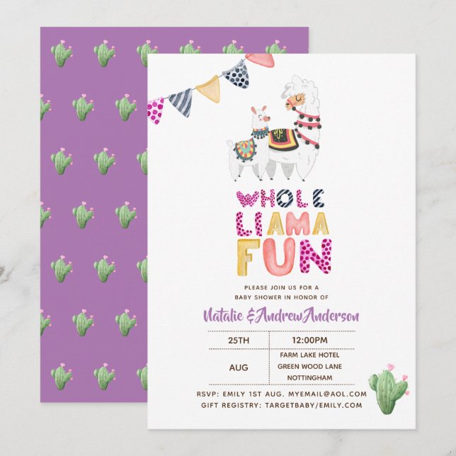 Invitation Tout Lama Amusant Bébé Mama Douche Violet Rose fil (Devant / Derrière)