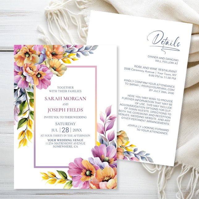 Invitation Tout moderne en un rose et orange Mariage Floral (Créateur téléchargé)