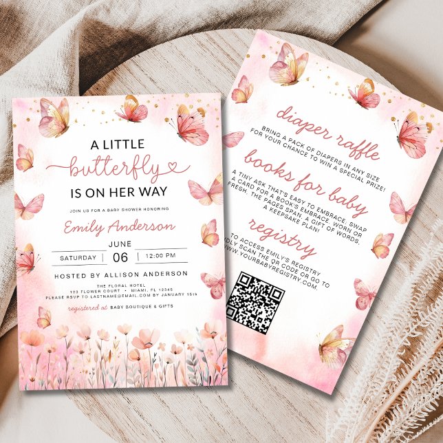 Invitation Tout rose en un QR Code Baby shower papillon fille (Créateur téléchargé)