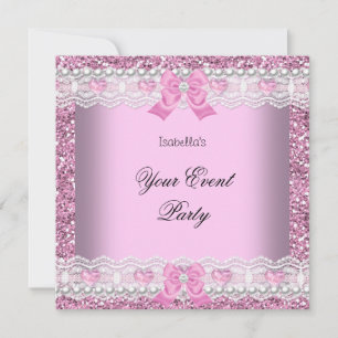 Invitation Tout Strass de Fête Rose Dentelle Cœur Argenté