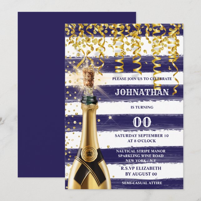 Invitation TOUTE AGE marine nautique blanc or rayé bulle (Devant / Derrière)