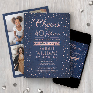 Invitation Toute Année Fête d'anniversaire Confettis Navy et